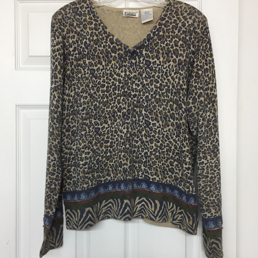 Animal Print Tribal Mixed Patterns V Neck Beaded Sweater Vintage? Sz M
